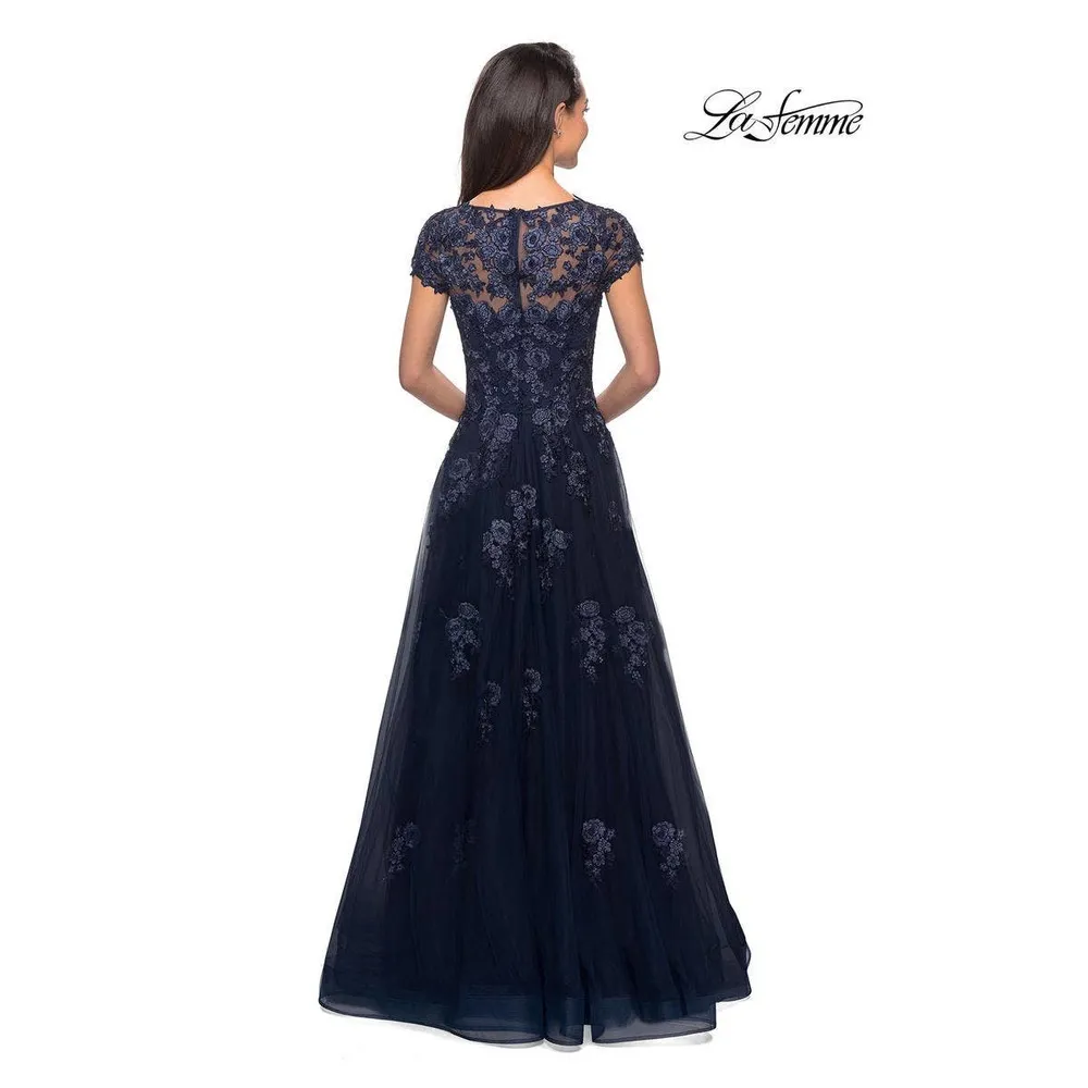 La Femme Navy Blue Embellished Mesh A-Line Formal Gown Size 14 - Image 2