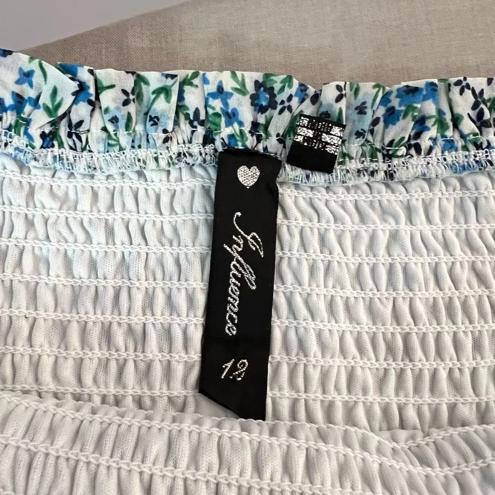 Influence Tall square neck long sleeve shirred smocked dress in blue floral size - Image 10