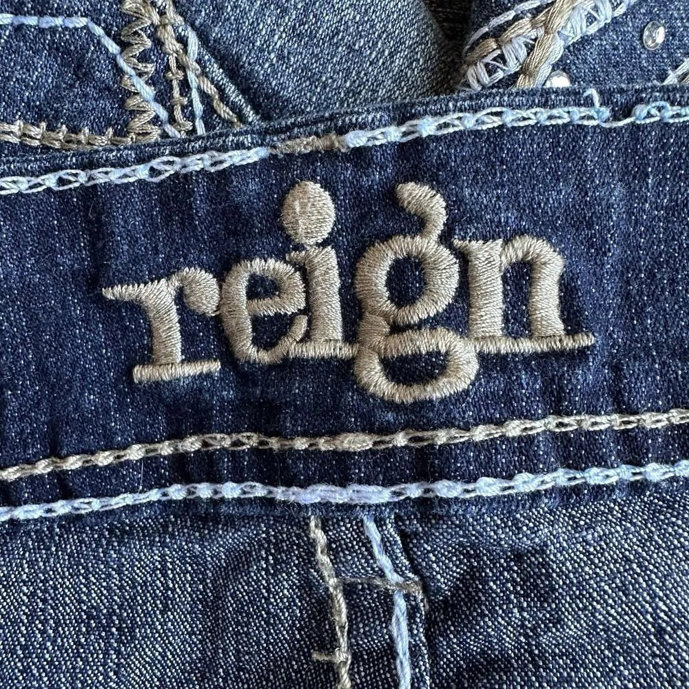 Vintage Reign Mid Rise Dark Wash Faded Denim Mini Skirt Rhinestone Bling Y2K Blue Size undefined - Image 8