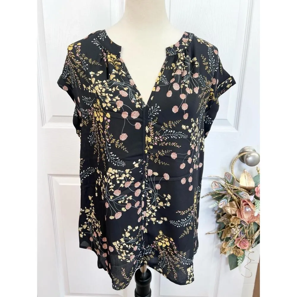 Philosophy Womens Black Floral V-Neck Cuffed Short Sleeve Blouse Bohemian Size S - Image 3