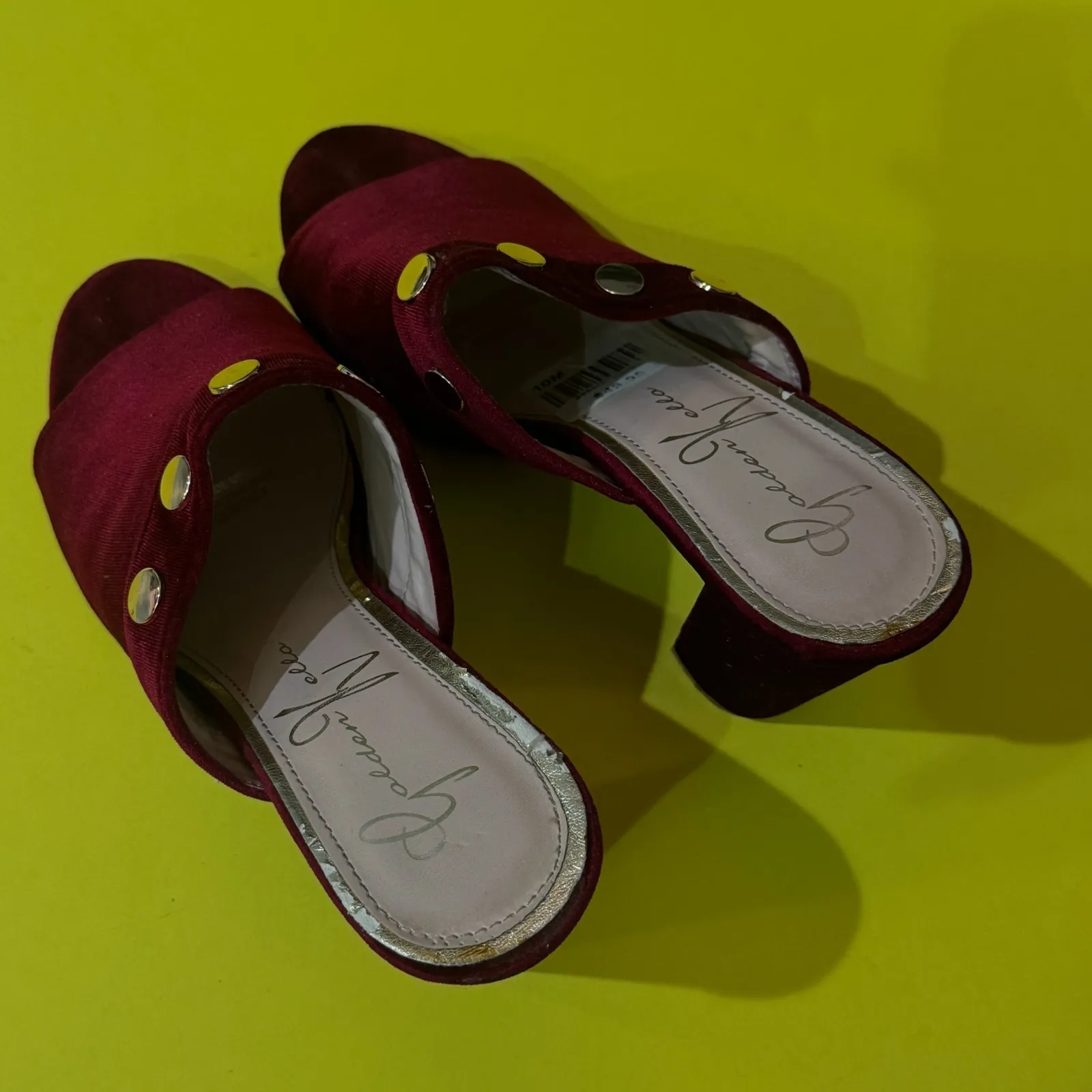 Burgundy Velvet Mule Heels Studded Block Heel Slip - Image 3