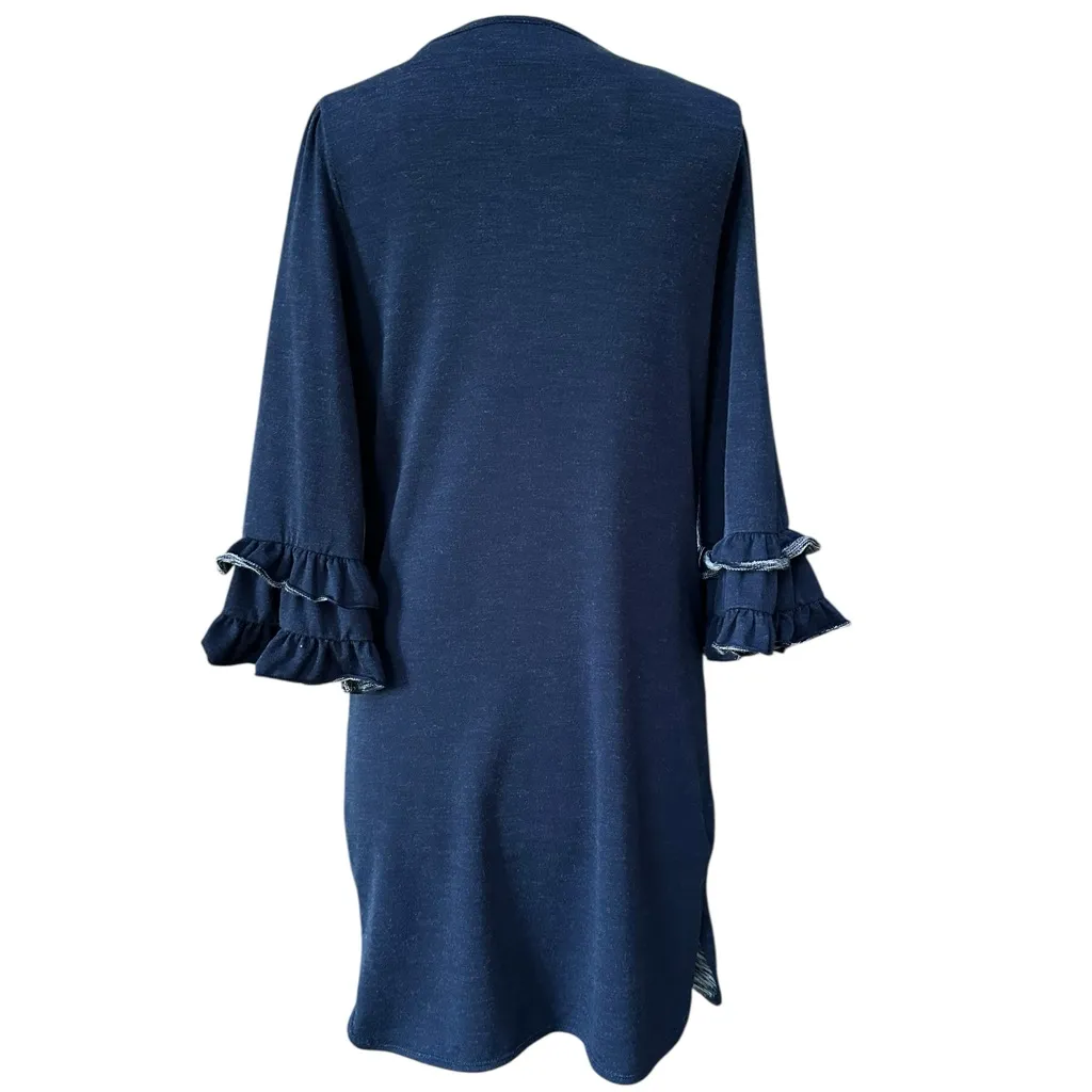 Max Studio 3/4 Ruffled Bell Sleeve Dress Navy Blue Heather Scoop Neck Midi - Image 3