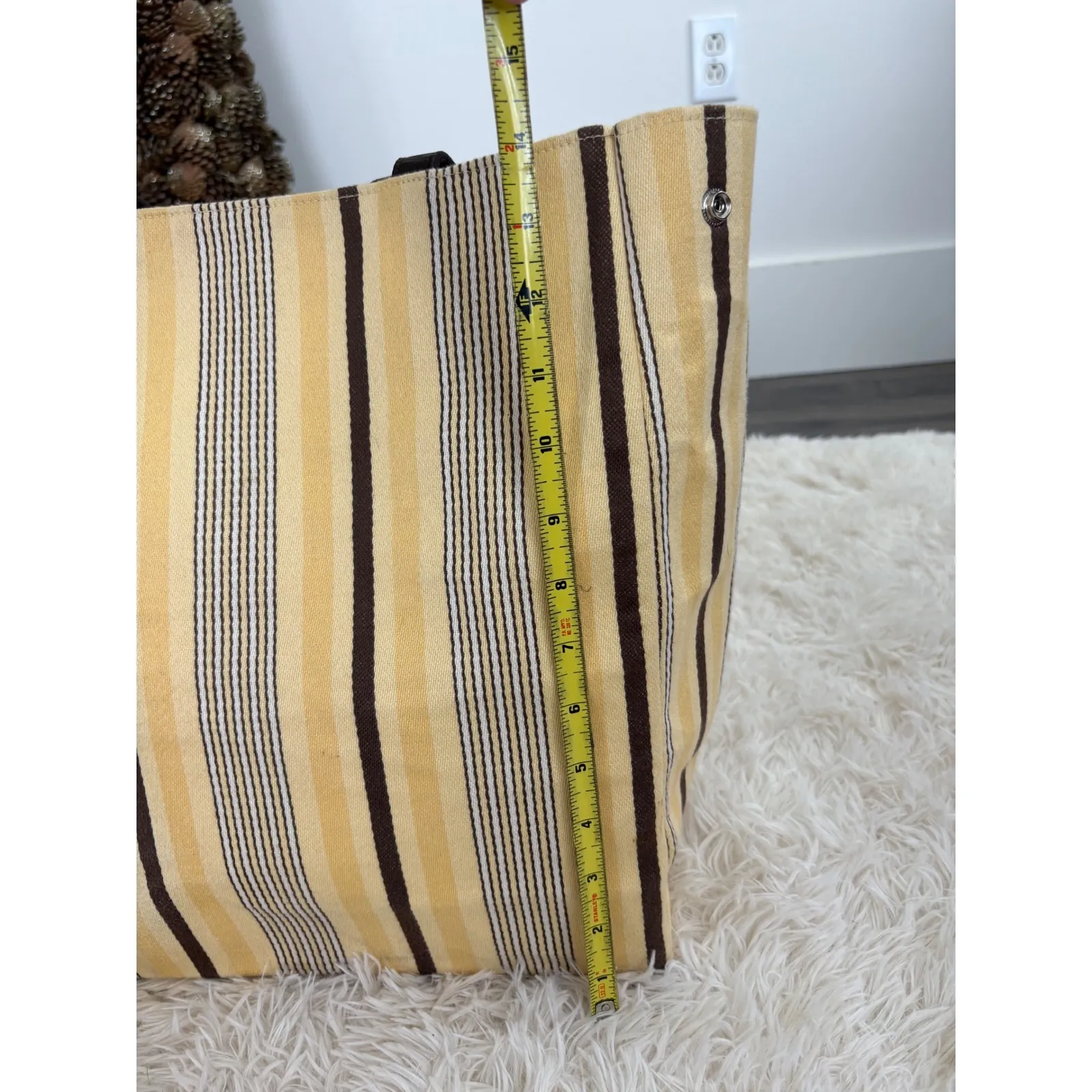 Restoration hardwareStriped Canvas Tote Bag Large Yellow Brown Snap Closure - Image 6
