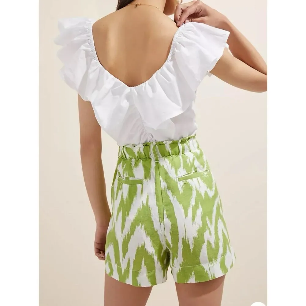 Anthropologie Green White Ikat Print Linen Blend Paperbag Shorts Women Small‎ - Image 12