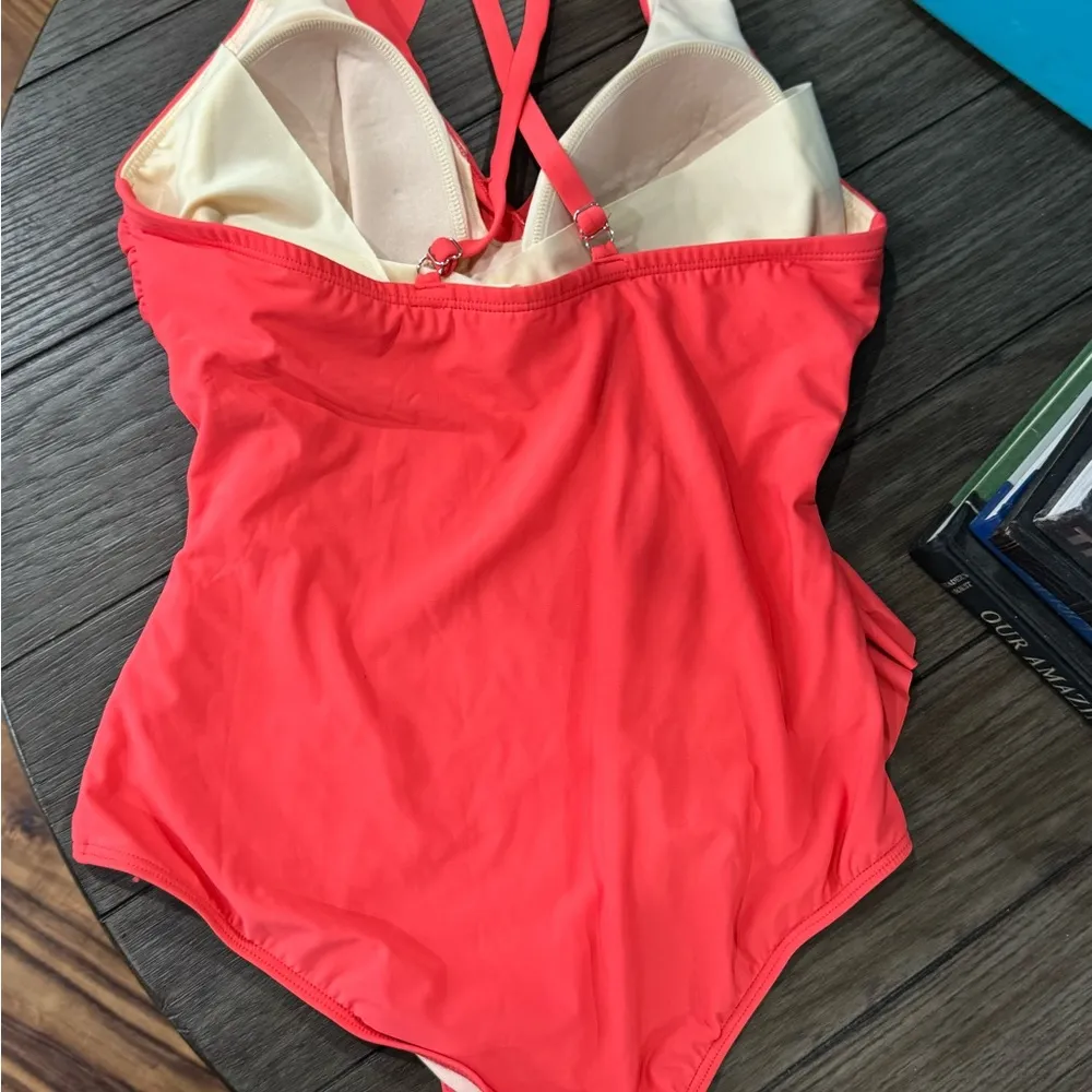 Eloquii Coral Colored One Piece Swimsuit with Halter Neckline - Image 4