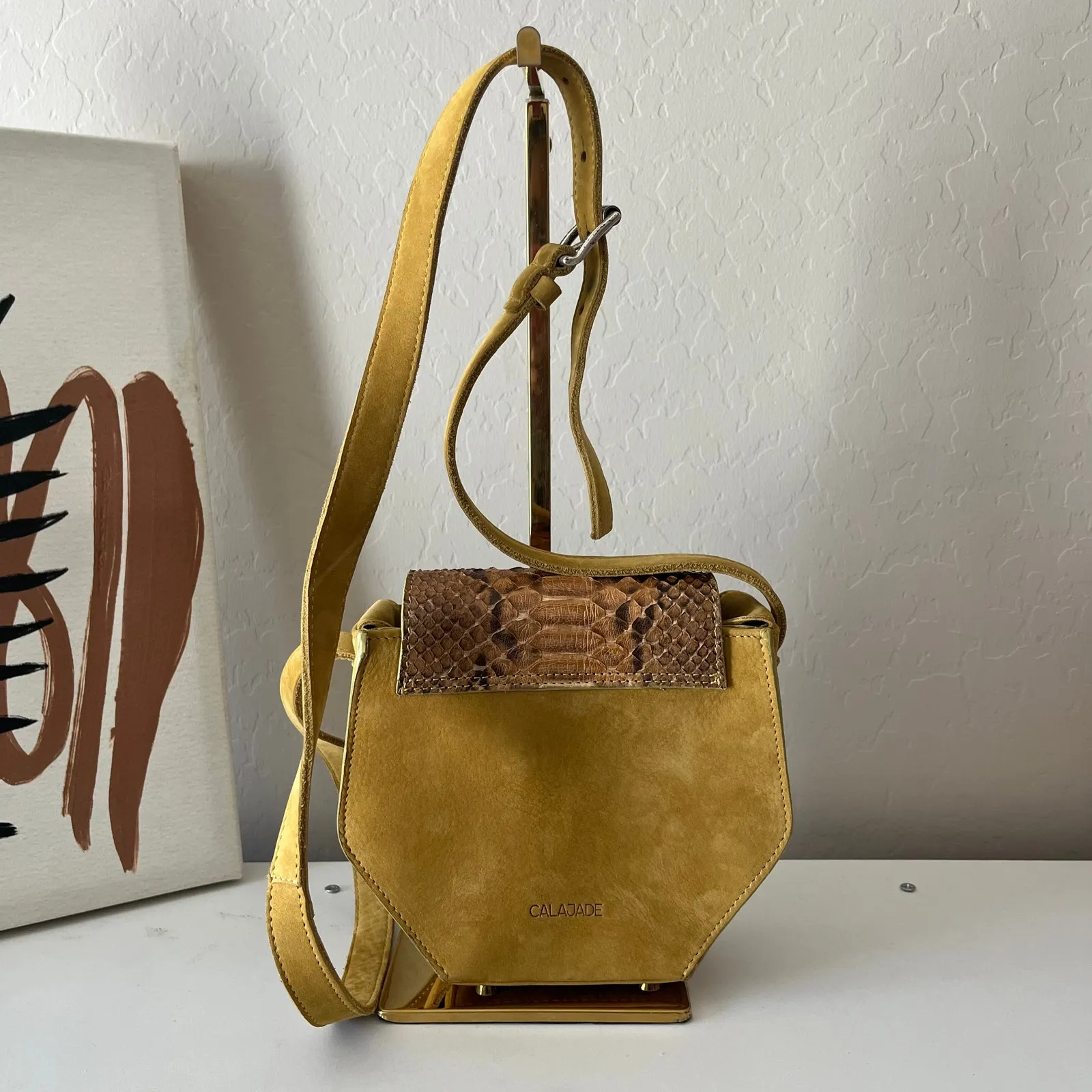 Cala Jade Leather Snakeskin Flap Hexagon Small Crossbody Bag‎ Purse Yellow - Image 7