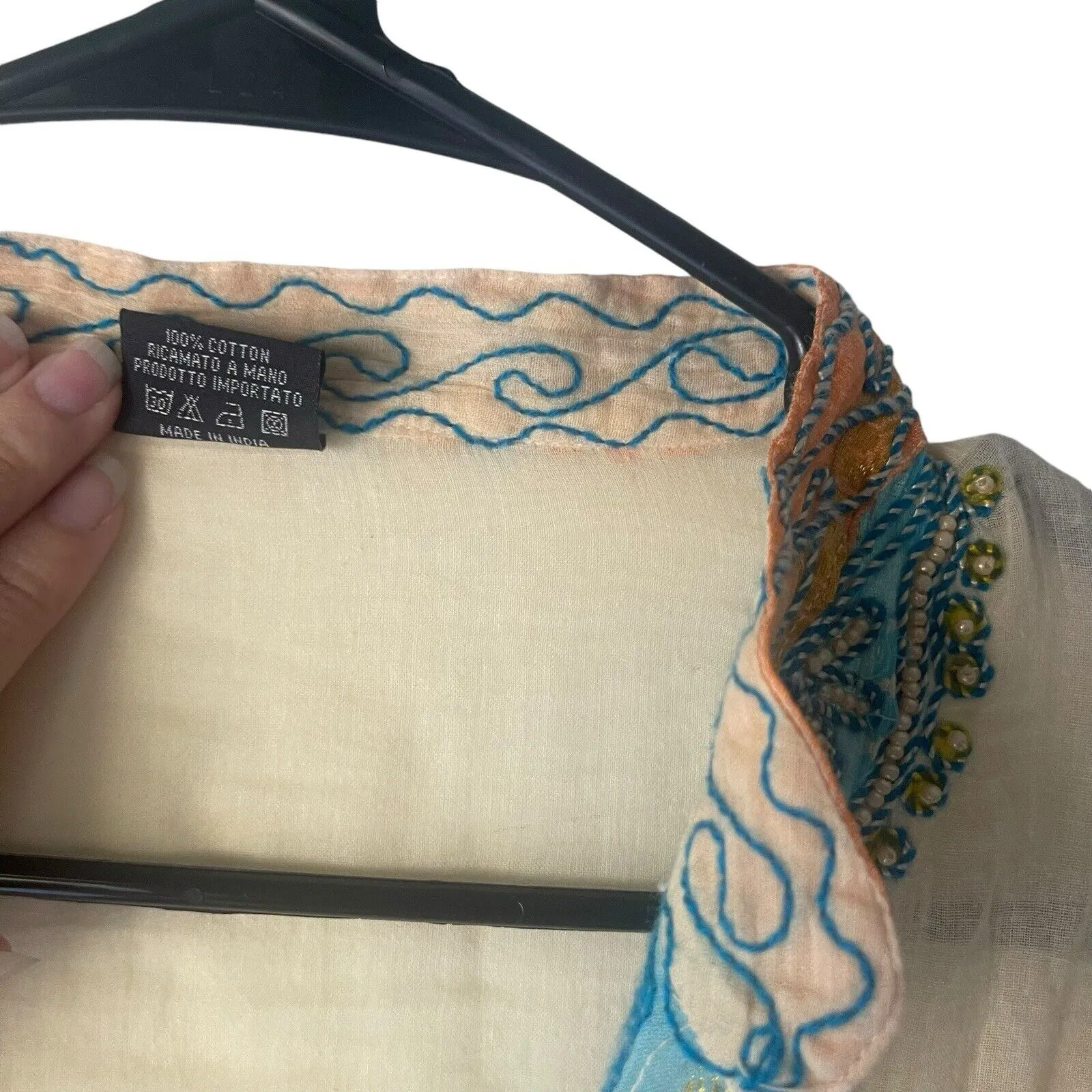 Occhi Blu‎ Women's L/XL Sheer Beaded India Orange Blue Celestial Gypsy Tunic Top - Image 10