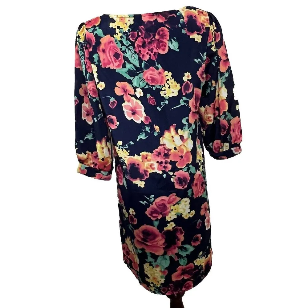 Everly‎ Womens Shift Dress Navy Floral Lined 3/4 Sleeve Linen Blend Dress Medium - Image 2