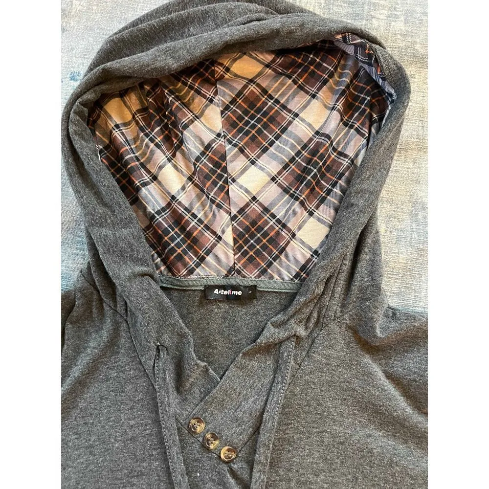 Altelime Gray Brown Plaid Lightweight Hooded Pullover Medium Gray - Image 7