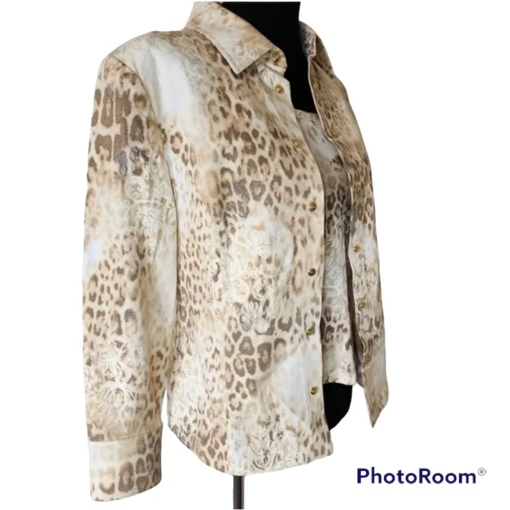 St. John Marie Gray Tan,Brown Leopard Print Jacket and Top size S Tan - Image 3
