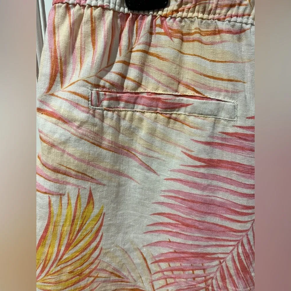 Tahari SizeL Linen Shorts Beige Pink Orange Tropical Leaf Print Summer Vacay - Image 2