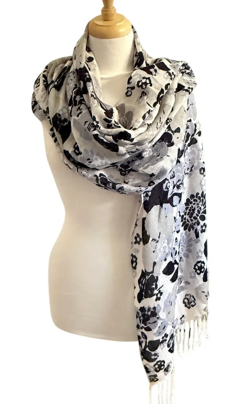 Holiday Editions Floral Print Open Knit Scarf Office Whimsical Cottagecore Boho Blue - Image 1