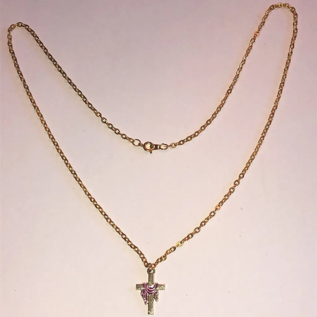Elegant Gold Tone and Purple Enamel Dainty Cross Necklace - Image 2
