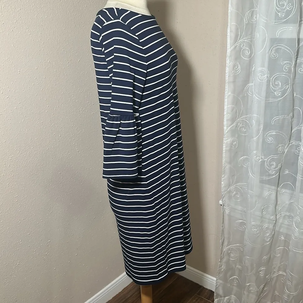 White House Black Market WHBM Navy Blue White Striped Bell Sleeve Dress Medium - Image 6