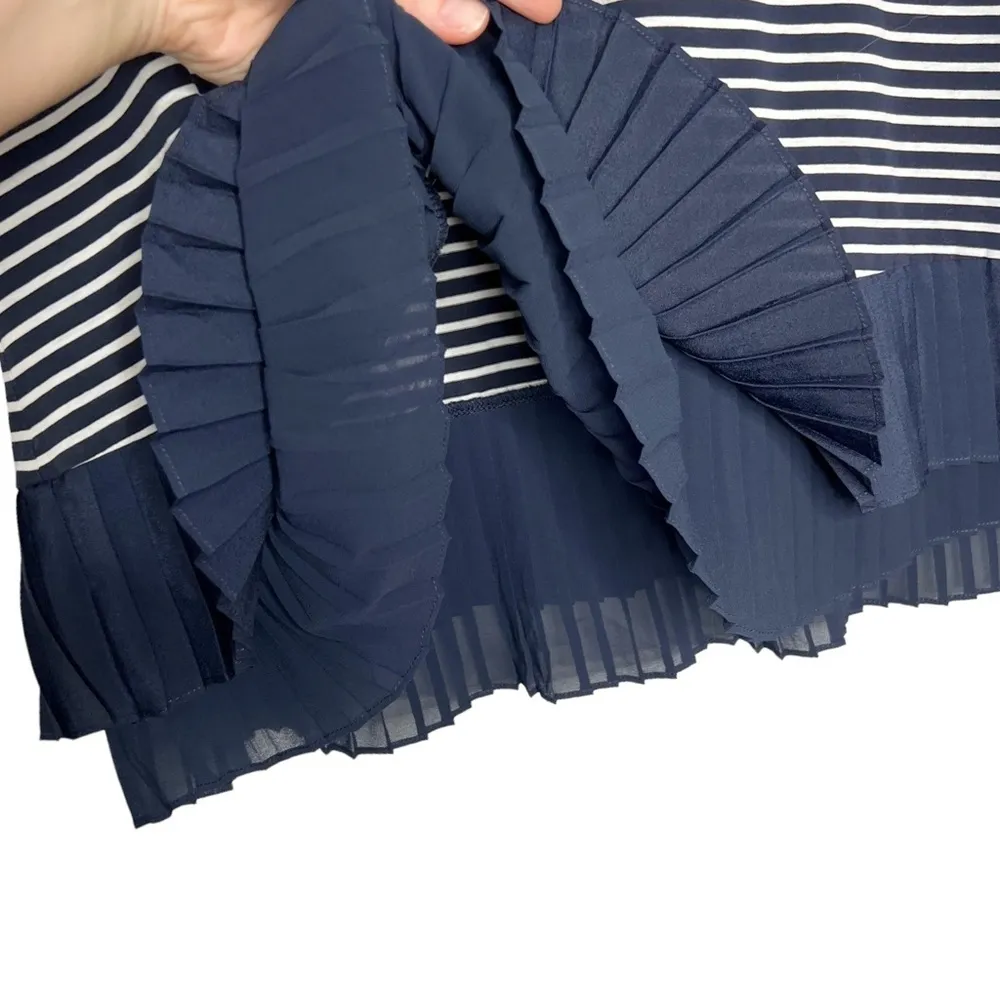J Crew Navy Blue Striped Pleated Chiffon Hem Short Sleeve Shirt - Image 8