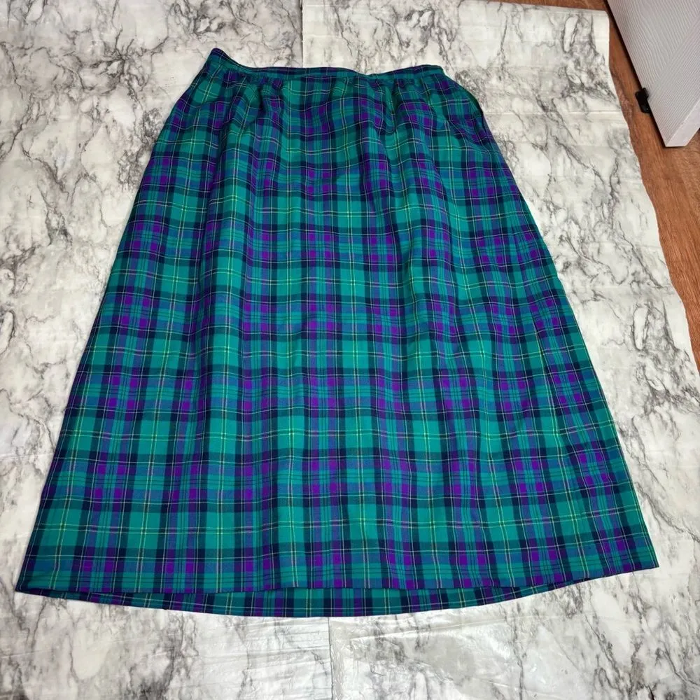Pendleton Vintage pure virgin wool purple green plaid tartan midi skirt made USA - Image 5