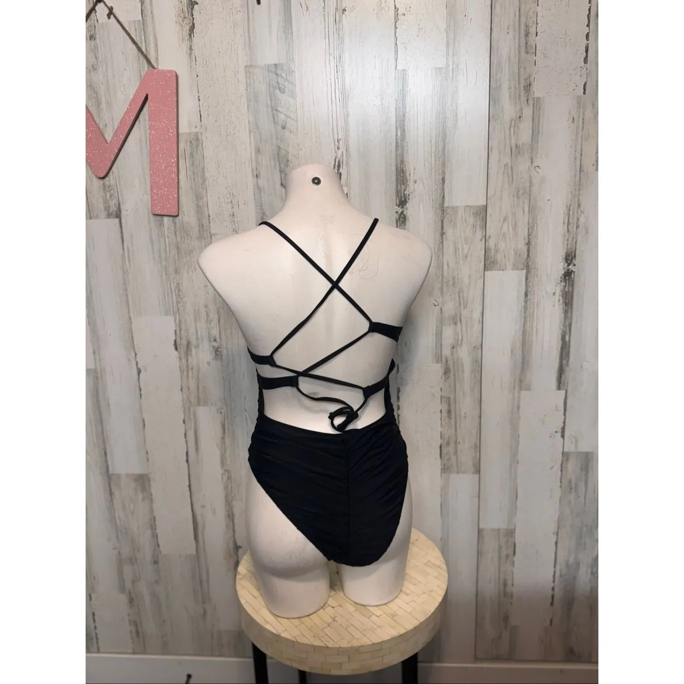 Black Ruched One Piece Swimsuit Size Medium Criss Cross Back Adjustable Straps N - Image 2