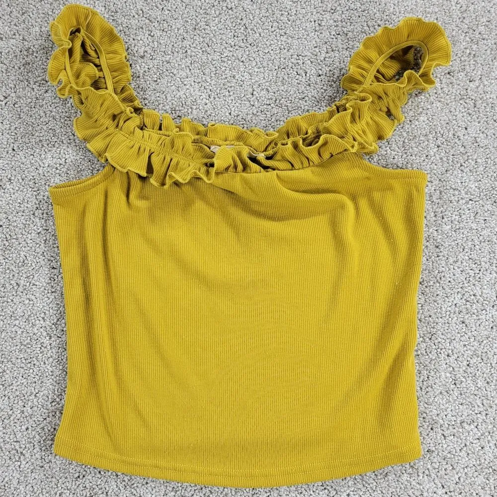 Illa Illa Babydoll Top Womens Medium Yellow Ribbed Knit Tank Top Ruffle Strap - Image 3