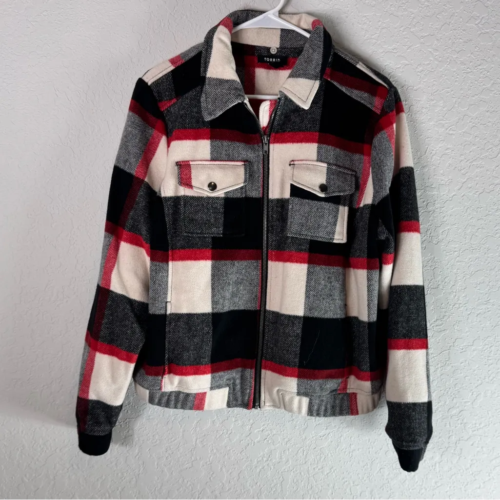 Torrid Plaid Wool Blend Bomber Jacket - Red, Black, White Size 1 - Image 2