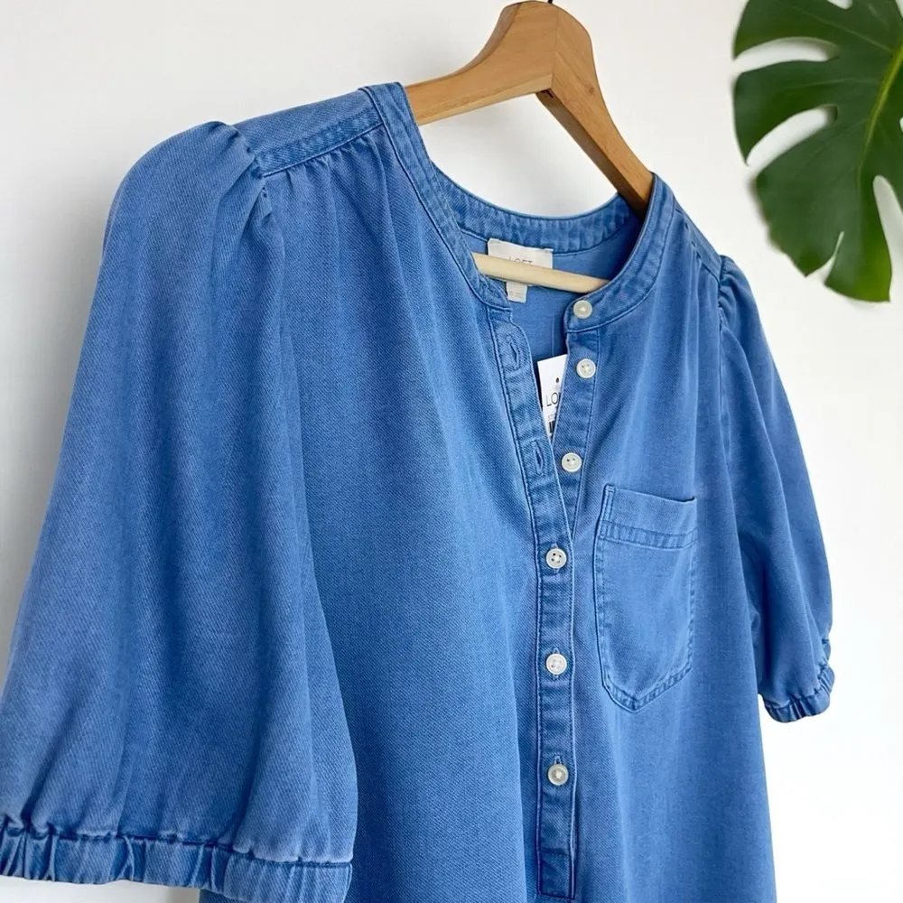 🆕 LOFT Chambray Puff-Sleeve Henley Top - Image 7