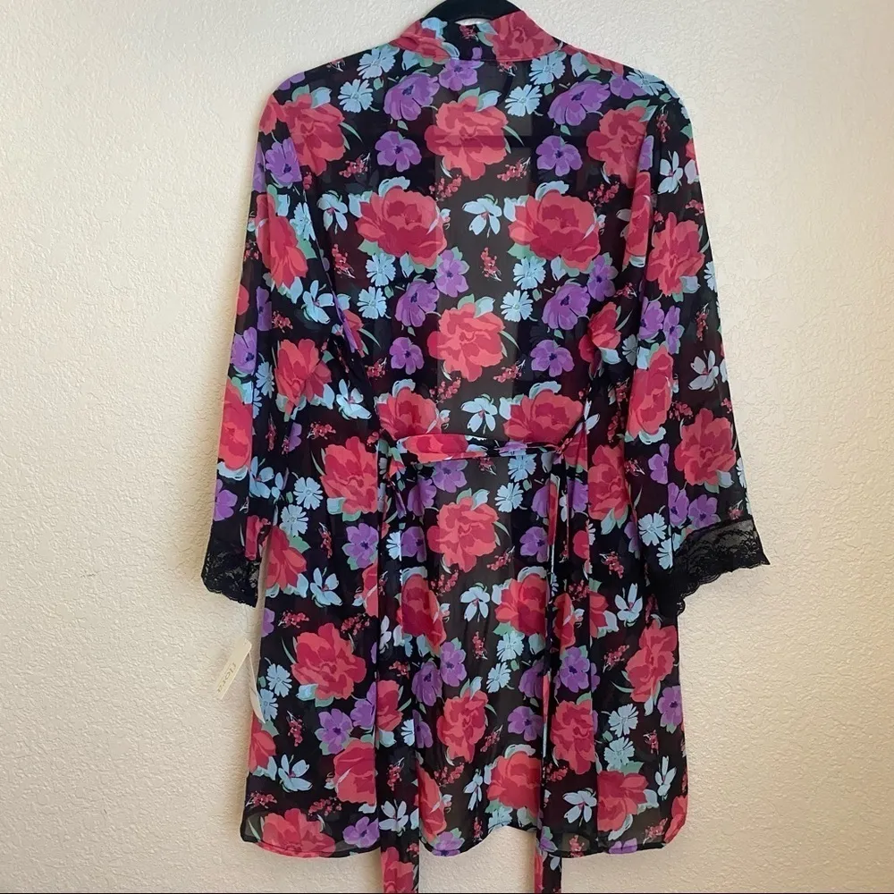 FLORA NIKROOTZ Floral Robe kimono NWT black‎ pink purple sheet belted - Image 9