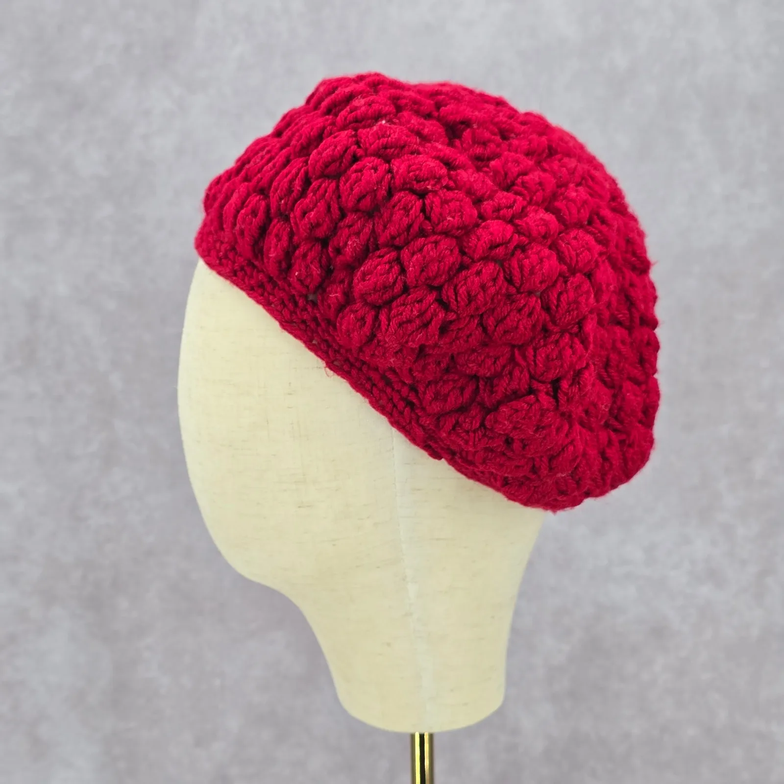 Red Crochet Beret Knit Bucket Cap Hat Fun Vintage Y2K Funky Beanie - Image 3