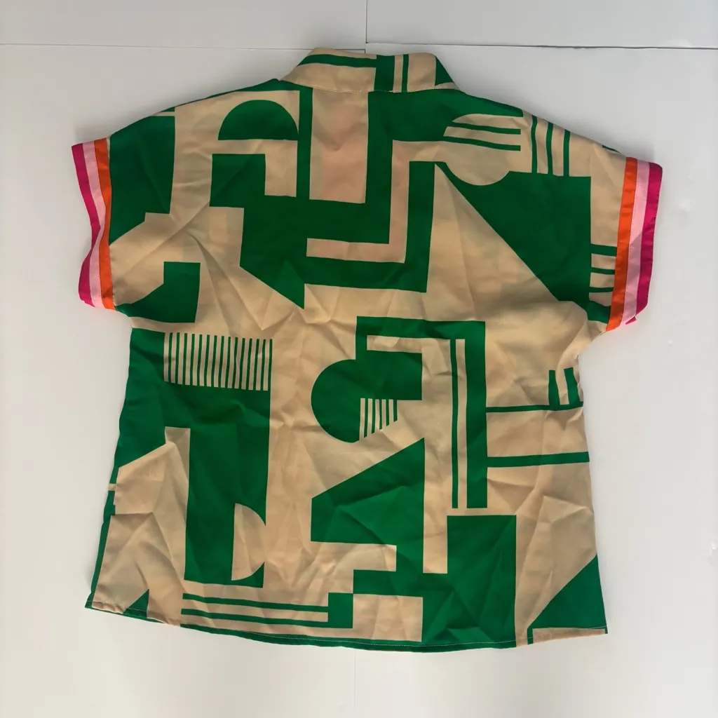 THML Geometric 1/4-Zip Top Green Beige w/ Multicolor Stripe Trim Blouse  - XS - Image 2