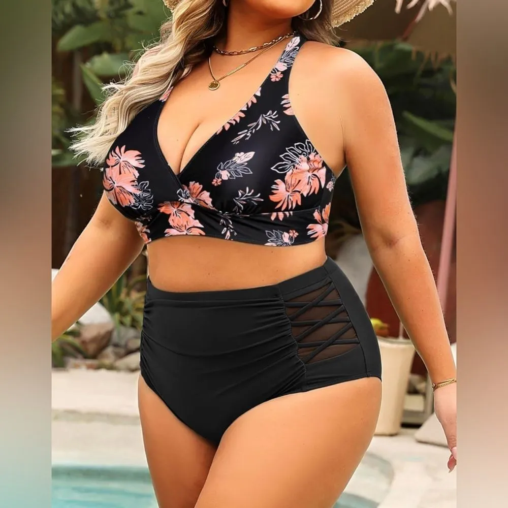 Younique Black Floral Bikini with Plunging Halter High - Image 3