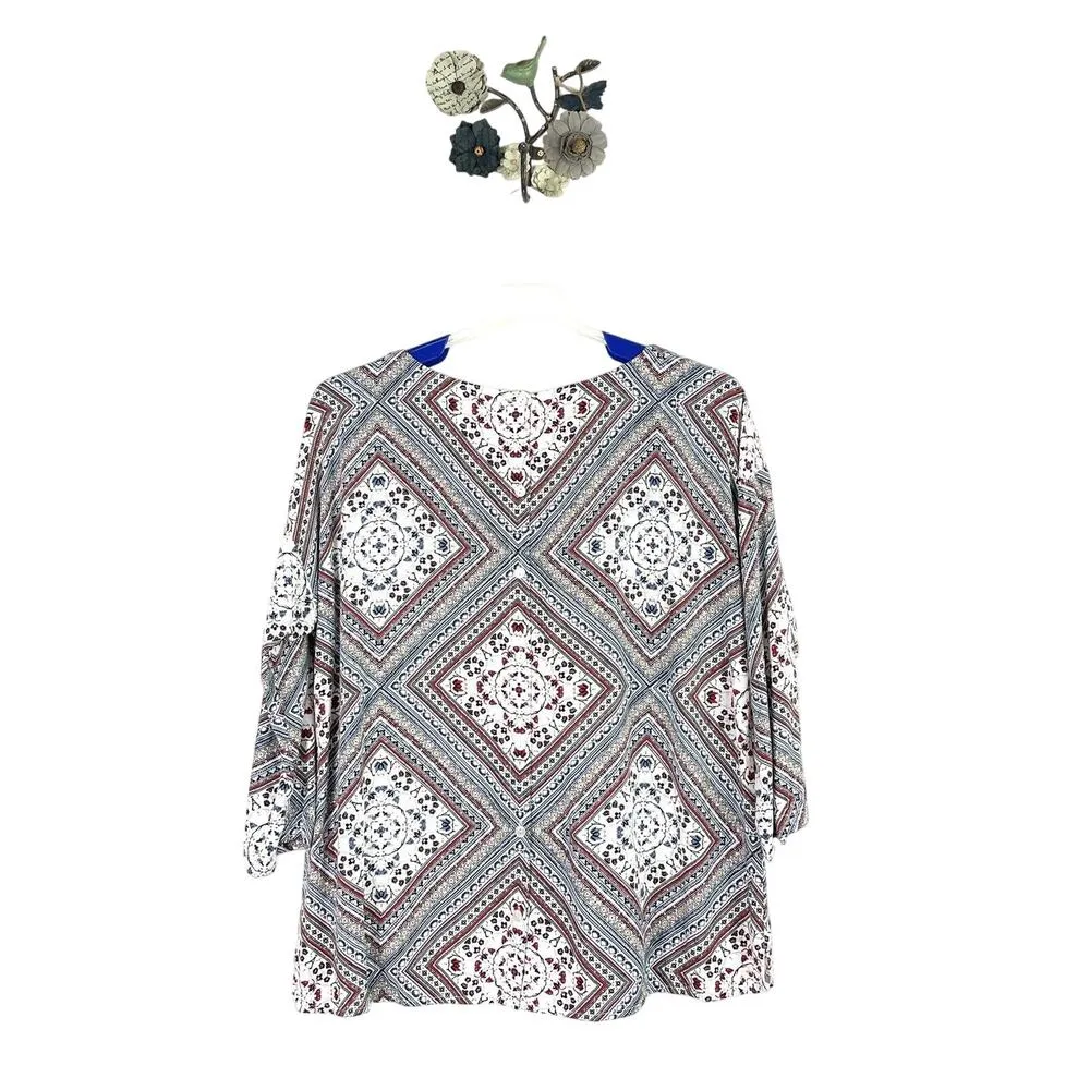 J Jill Womens Medium Rayon White Red Blue Long Sleeve Scarf Print Blouse Tunic - Image 4
