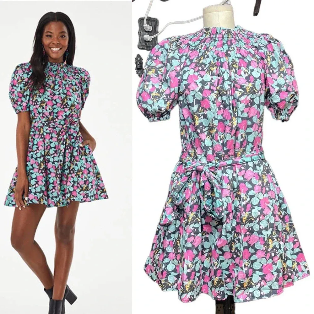 Roller Rabbit Manusa Ainsley Mini Dress Black Floral Print Size Small - Image 2