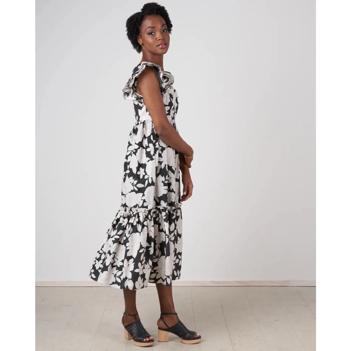 Cara Cara Darby Black White Floral Ruffle Sleeve Tiered Midi Dress Size XS - Image 10