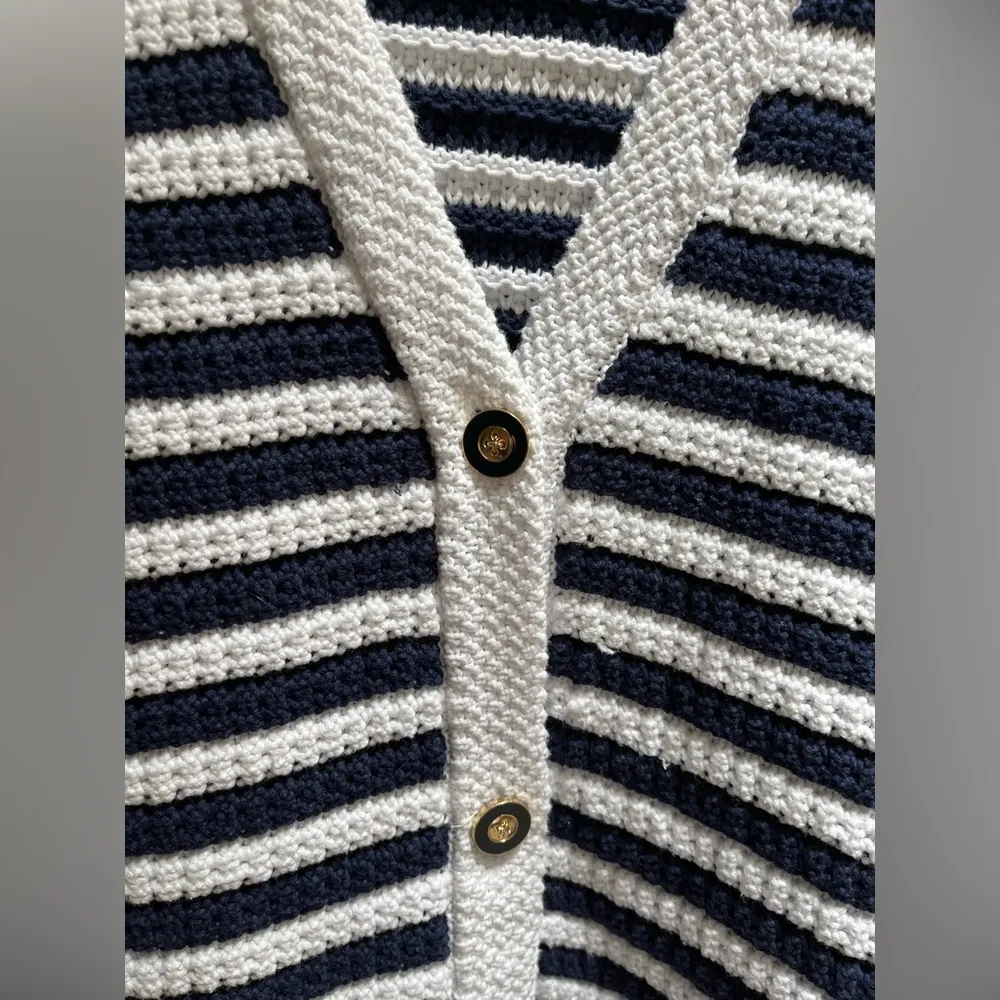 J.CREW Striped knit V-neck cardigan sweater Cotton Blue White Large coastal - Image 9