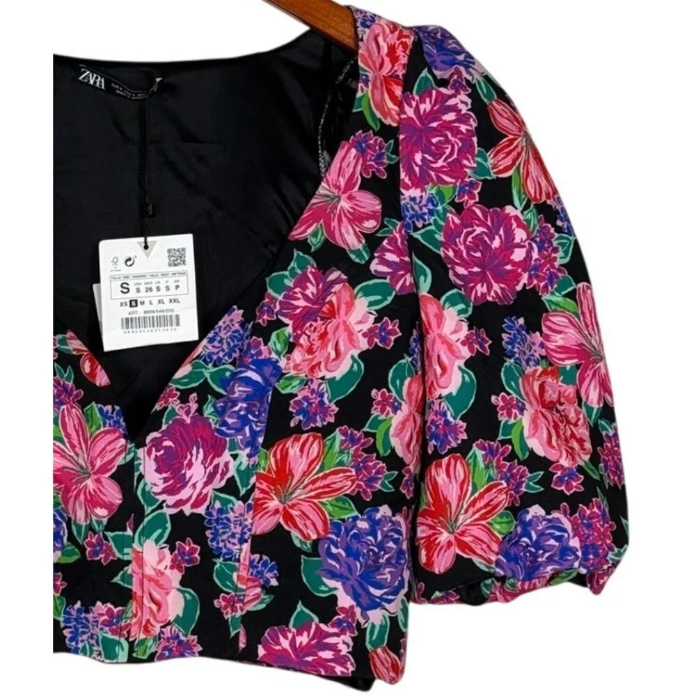 NWT ZARA Floral Cropped Top Plunging Neck Puff Half Sleeves S Black Pink Purple - Image 3