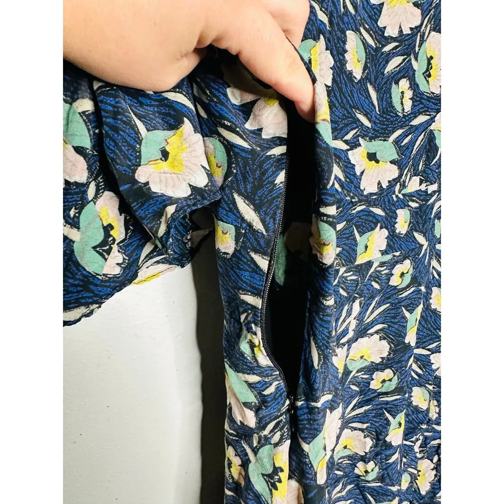 SLATE & WILLOW Blue Floral Printed 100% Silk V-Neckline Maxi Dress Size 8 - Image 12