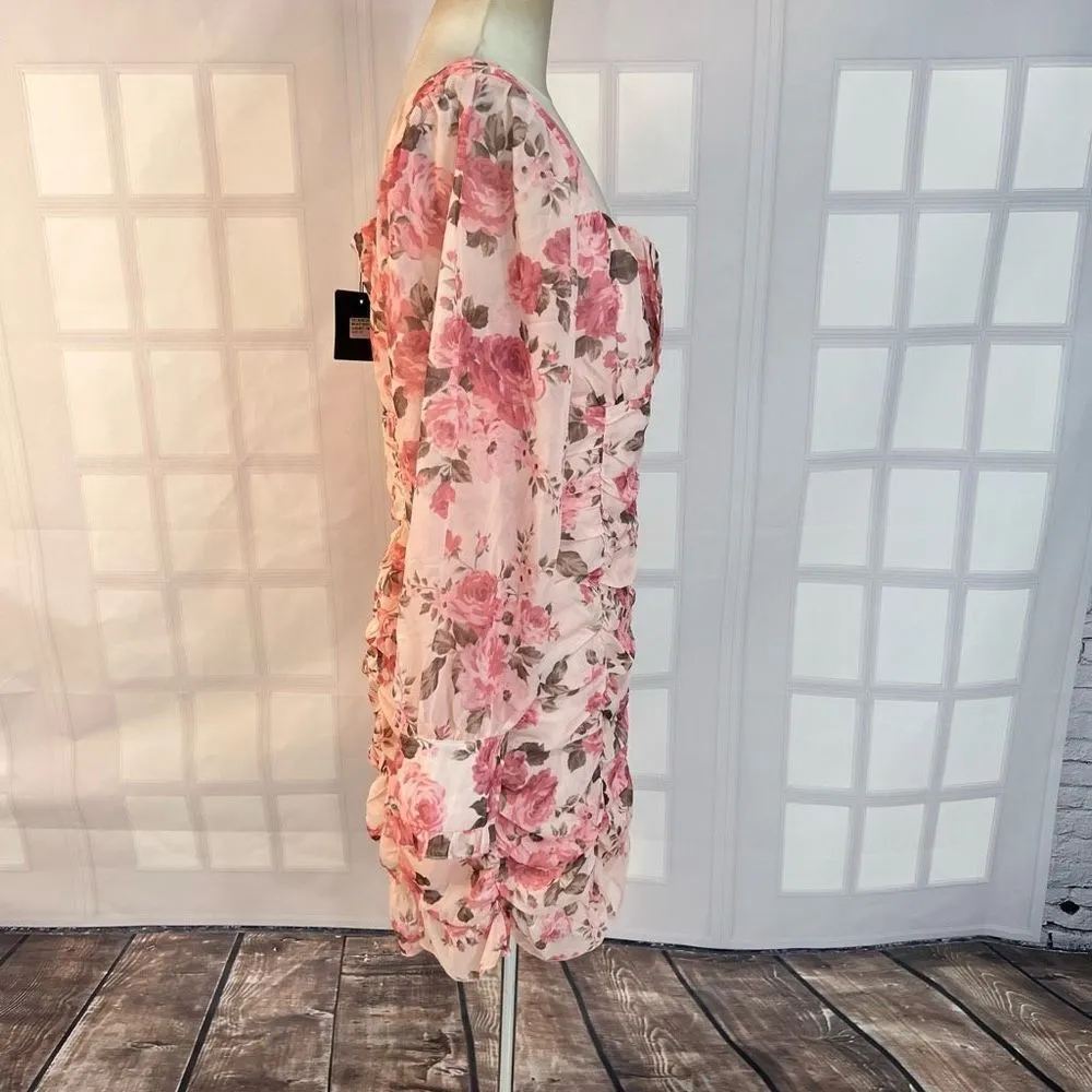 Parisian Floral Ruched Puff Sleeve Mini Dress Pink Size 12 NWT - Image 4