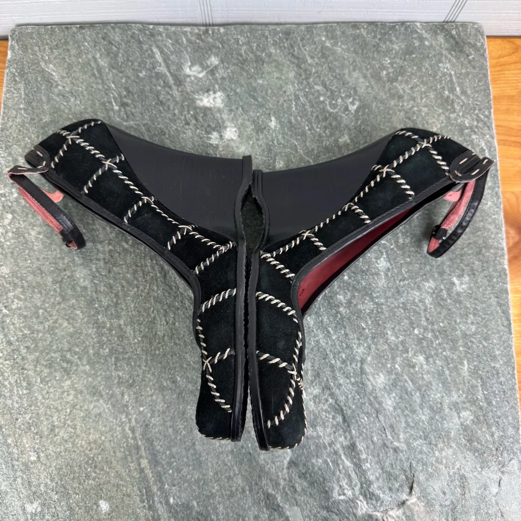 Vince Camuto Black Suede Stitched Patchwork Wedge Heels Ankle Strap Closed Toe - Image 4