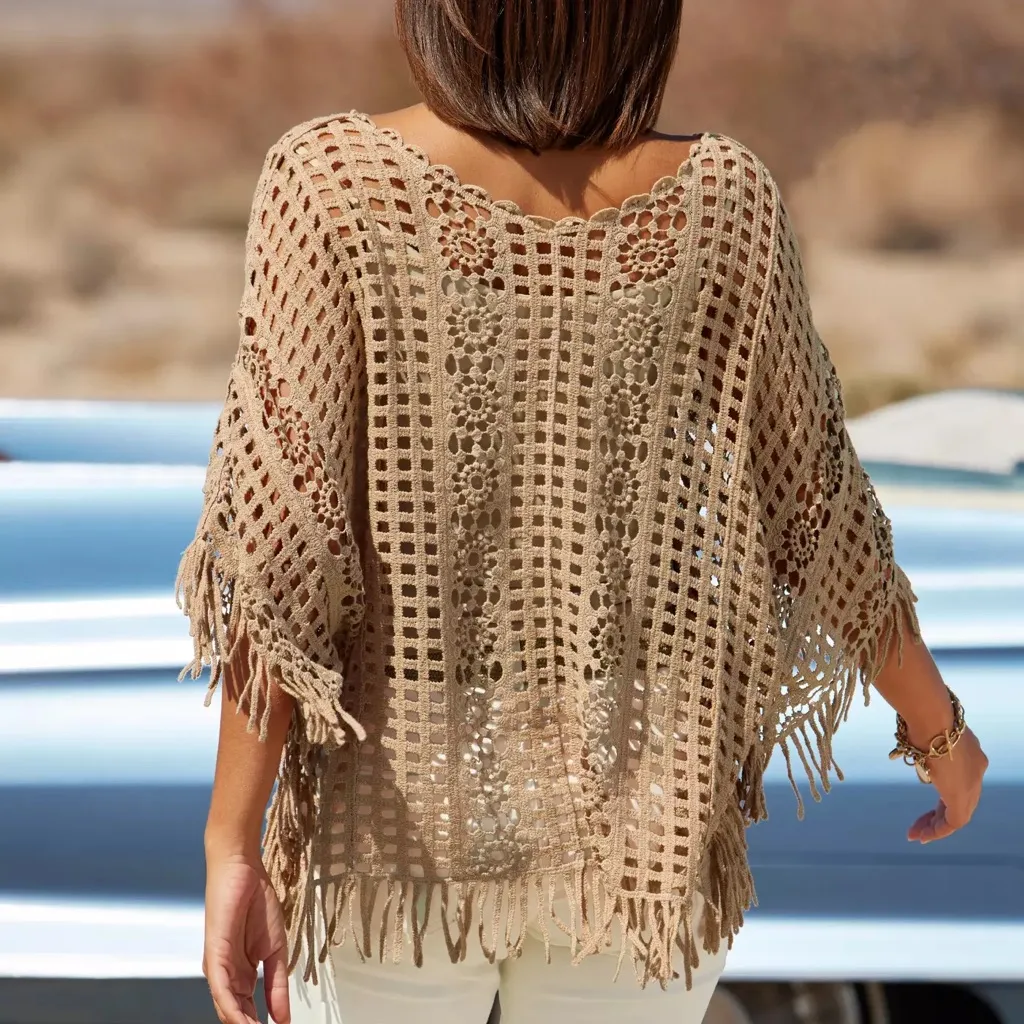 Boston Proper Crochet Fringe Poncho Top Boho Beachy Resort Vacation Layering S/M - Image 2