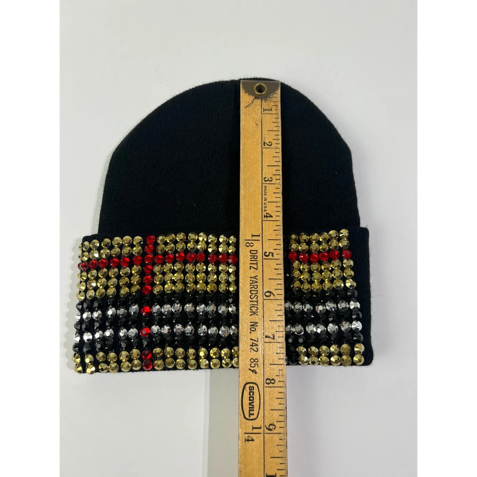 Black Beanie Hat with Rhinestone Plaid Design - Image 3