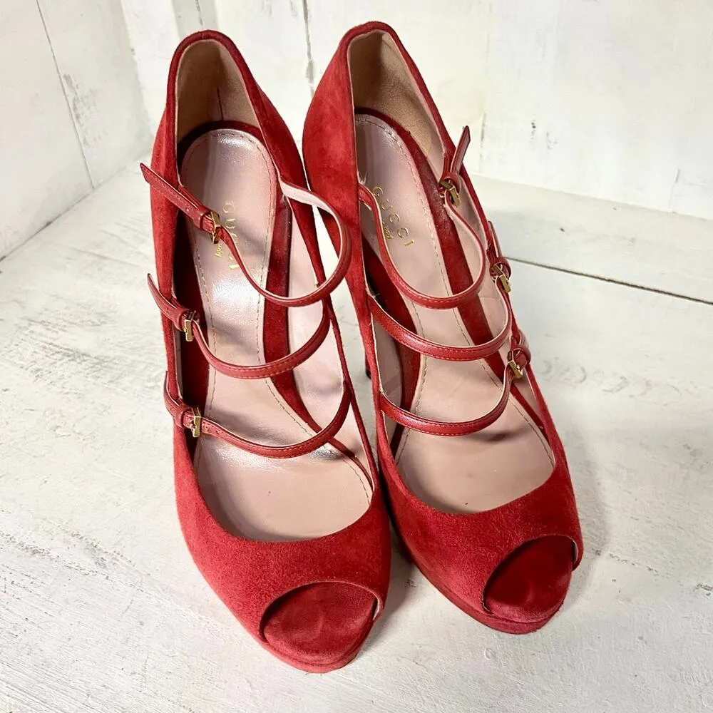 Gucci Lisbeth Suede Strappy Peep Toe Stilettos Heel Pumps Rose Bed Women's 38.5 - Image 3