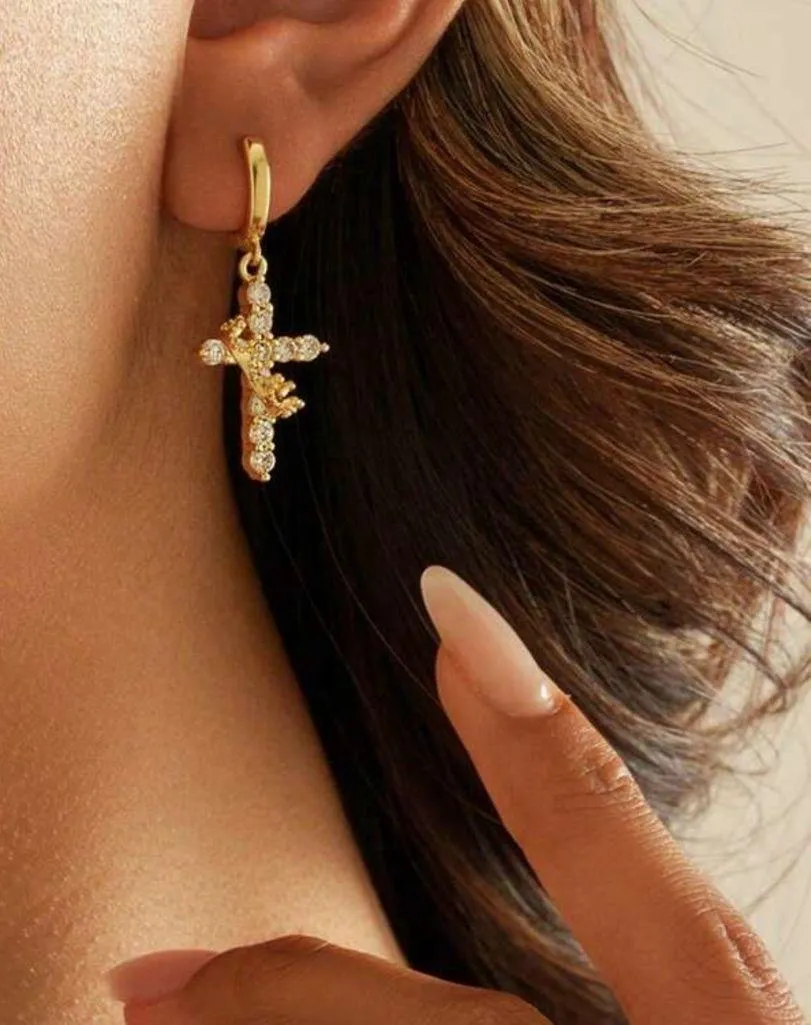Gold Cross Crown Hoop Earrings - Image 6