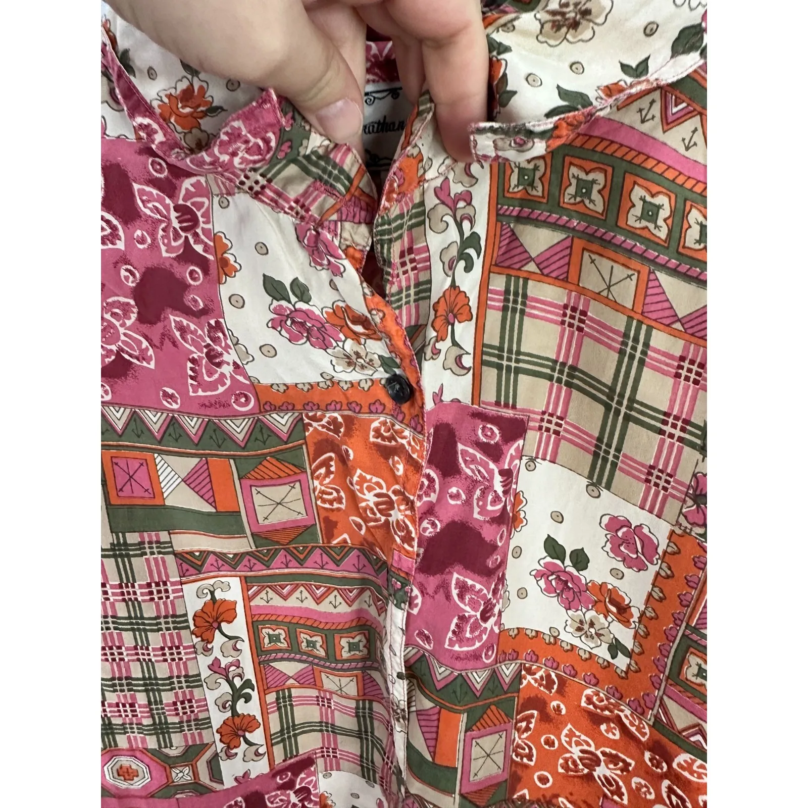 Vintage Silk Button Up Top Womens Large Pink Patchwork Boho Cottage Indie Hippie - Image 4