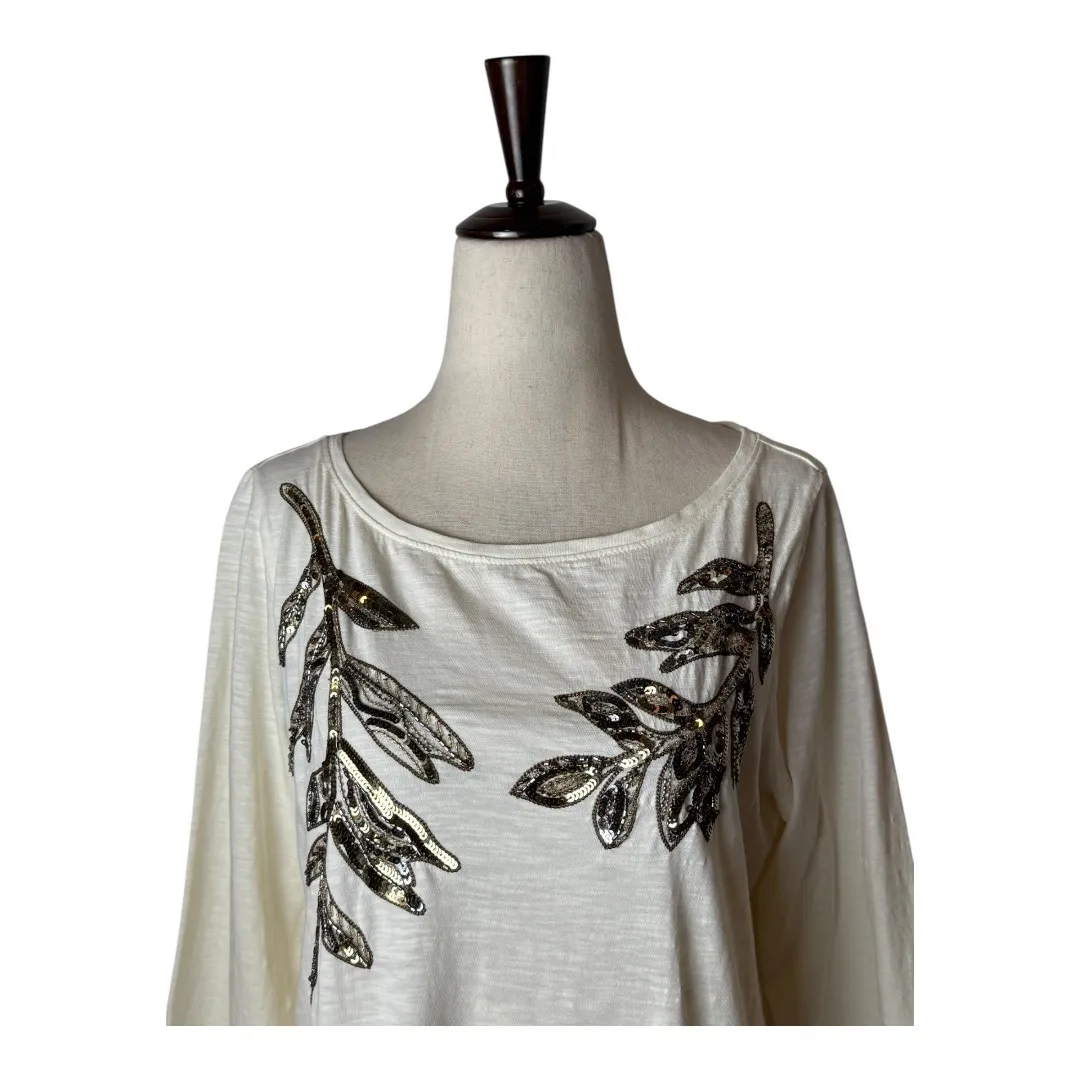 Tommy Bahama Shirt Women Small Ivory Cotton Sequins Floral‎ Tee Coastal Preppy - Image 4