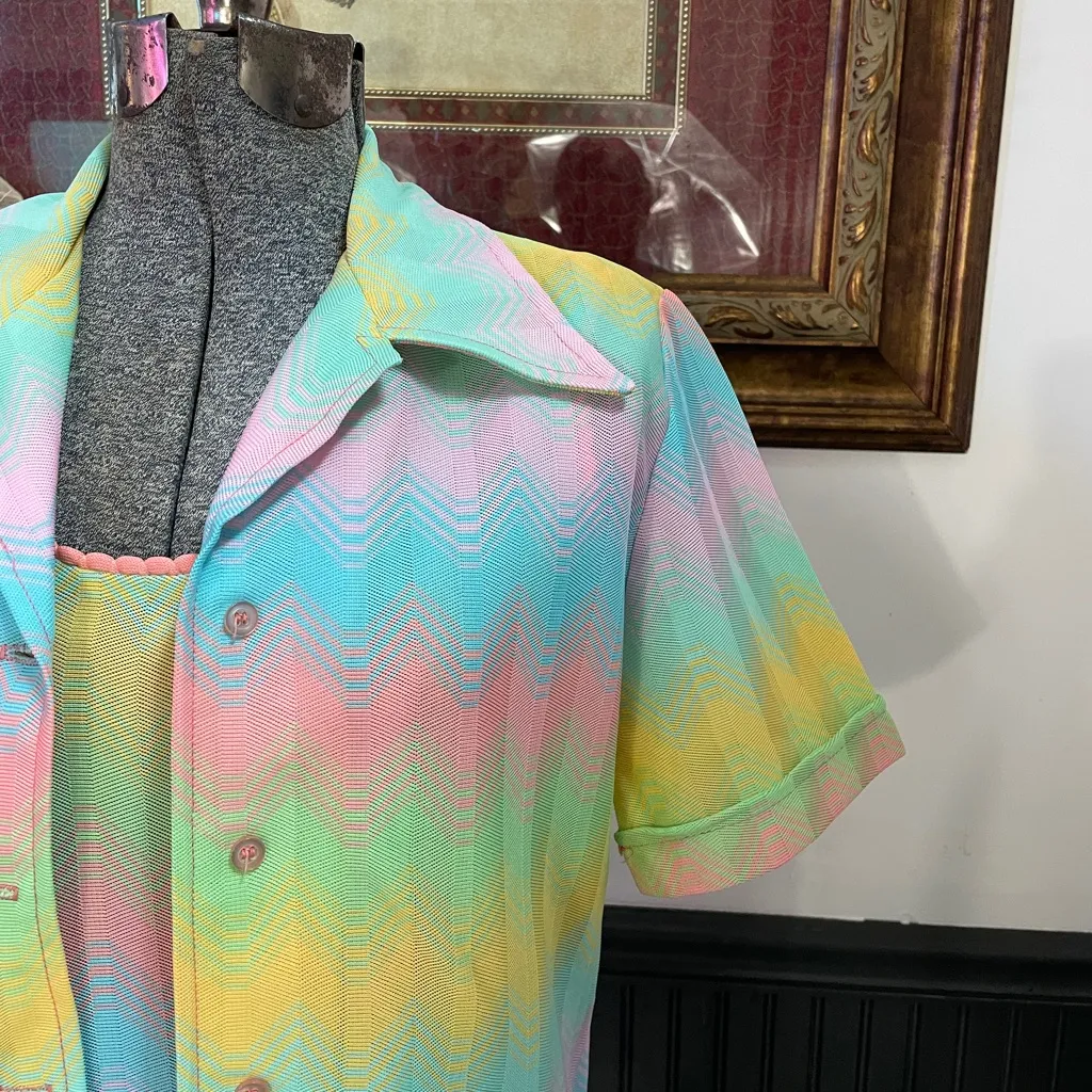 Vintage 70s Sunny South Retro Rainbow Chevron Button Up Blouse & Tank Set 💛🎀 Pink Size M - Image 8