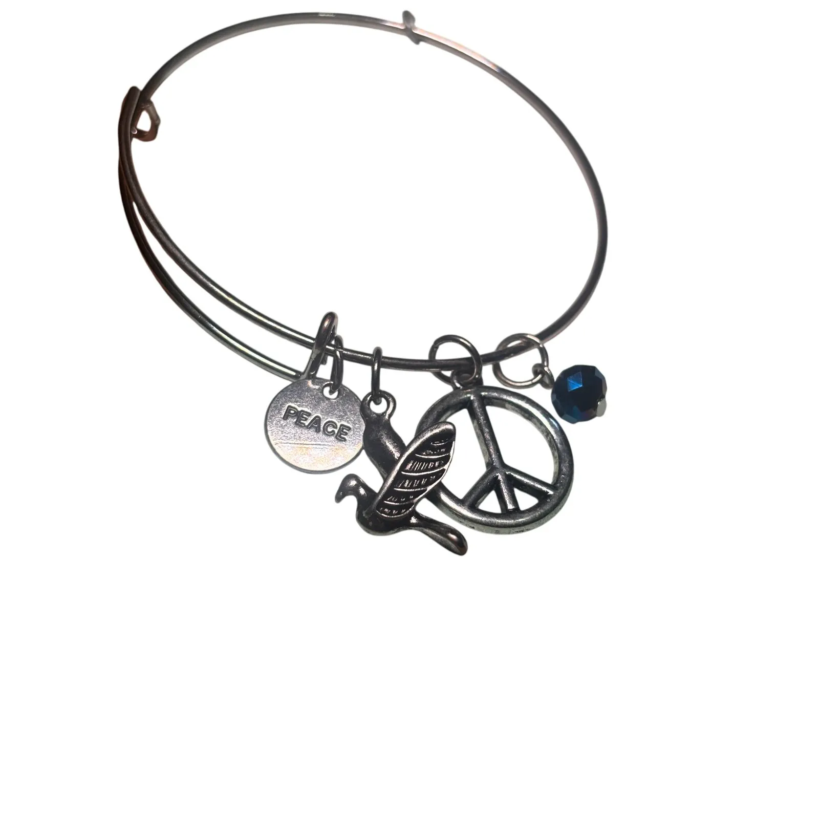 NWT Charm Bangle Bracelet Peace Sign Bird Blue Bead Adjustable Silver Tone - Image 2
