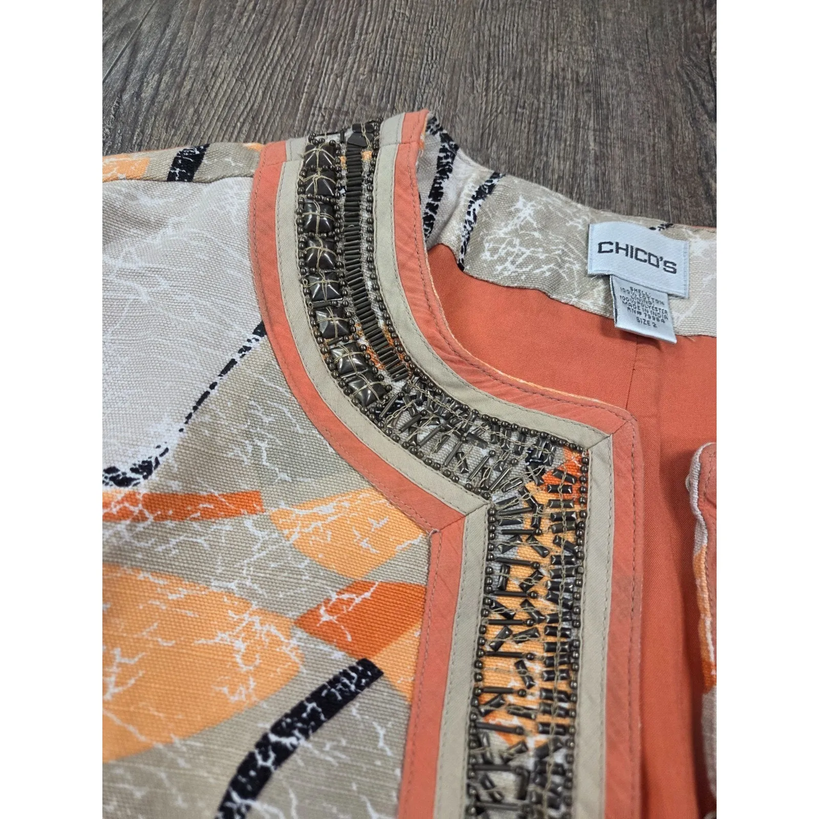 Chico's 2 Jacket Embellished Beaded Beige Orange Hook Front Lined 3/4 Sleeve L - Image 3