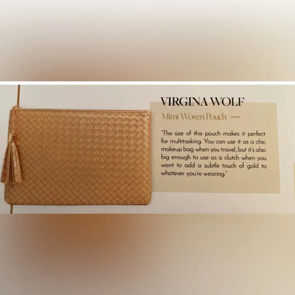 Virginia Wolf Mimi Woven Pouch Metallic Gold Faux Leather Clutch Tassel NWT Tan - Image 5