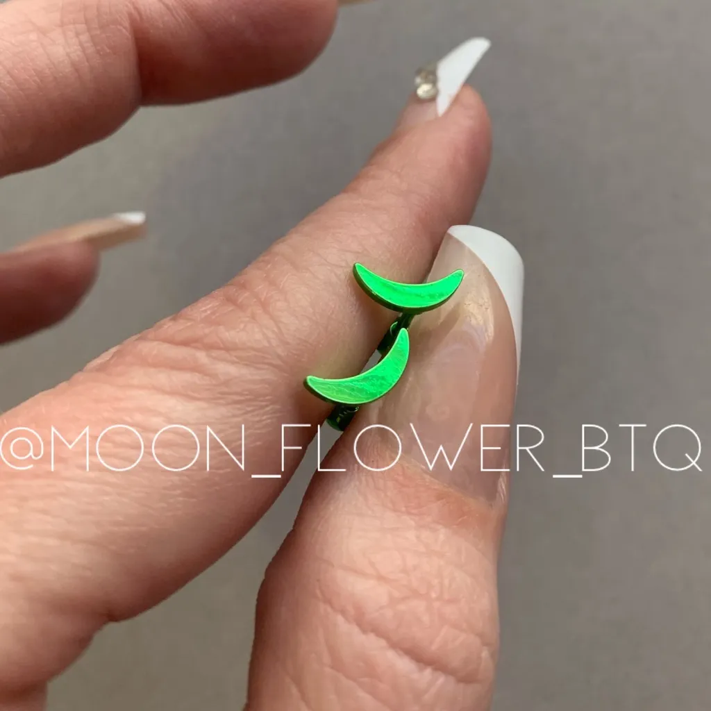 Neon Green Crescent Moon Barbell Earrings – 18G Stainless Steel Piercing Jewelry - Image 2