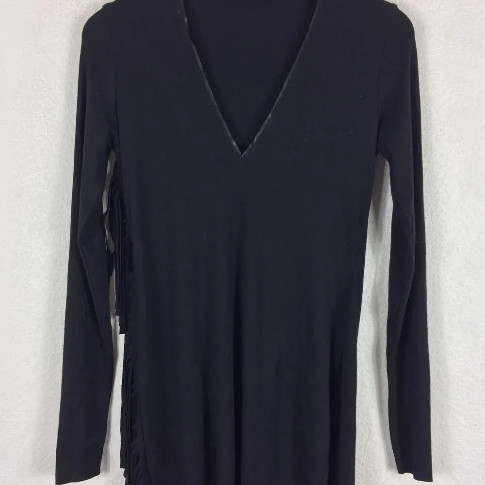 Zara Black Long Sleeve Fringe Bodycon Mini Dress Size Small Boho Western - Image 7