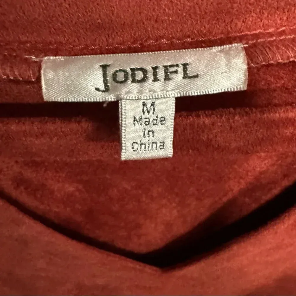 JODIFL Faux Suede Rust Color Mini Dress Lace Insets Keyhole Neckline Size Medium - Image 5