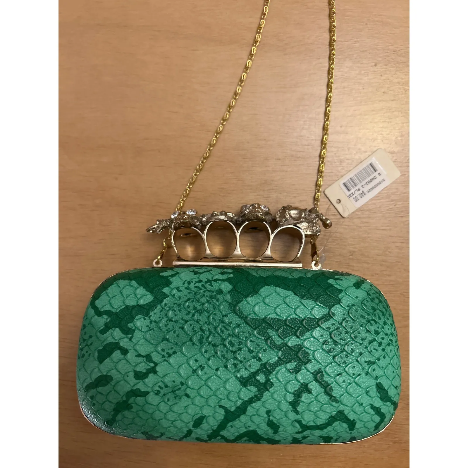 New Women’s Snake 🐍 Print w/Skulls 💀Rhinestones Gold Green Purse Clutch 7”x4” - Image 2